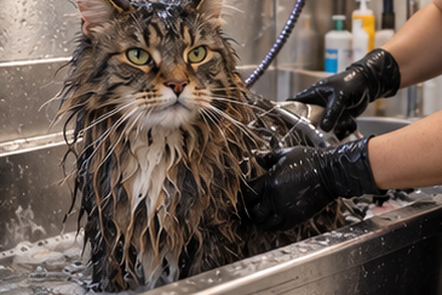 Maine coon au bain